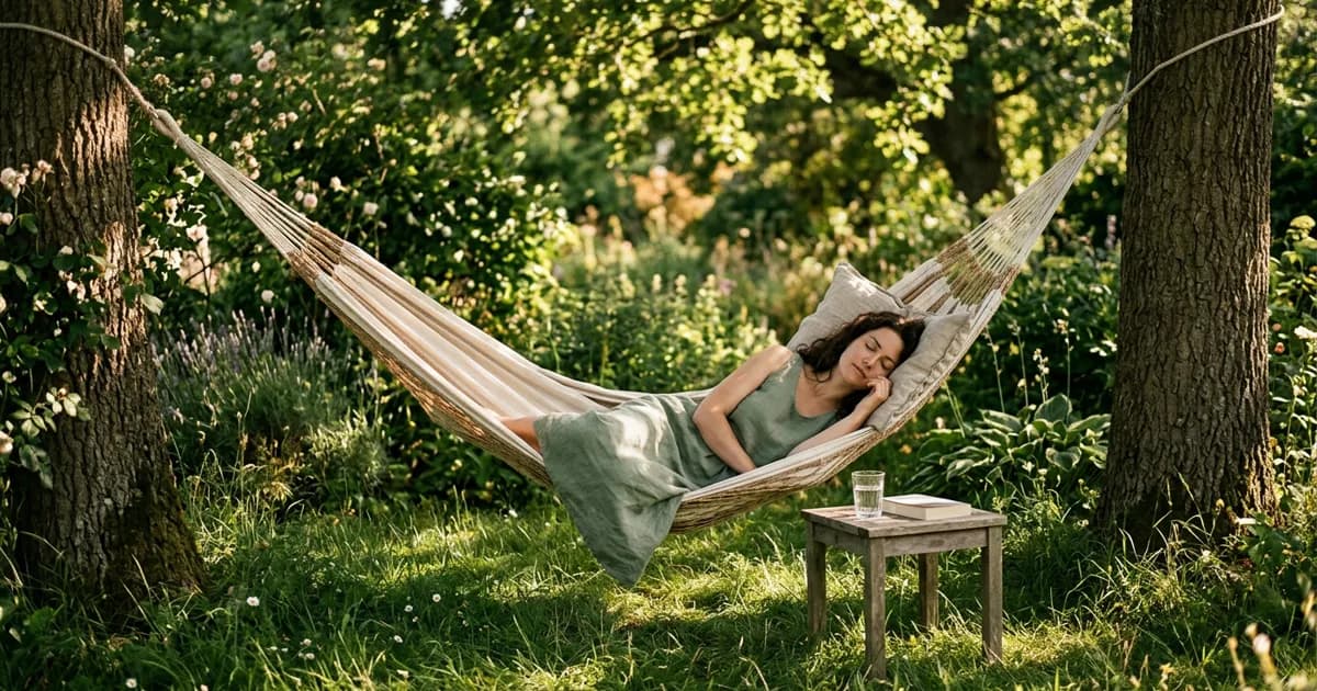 A woman lying in a hammock in a garden, eyes closed, afternoon light dappled through the leaves above her, warm ivory and sage green tones, private and restorative