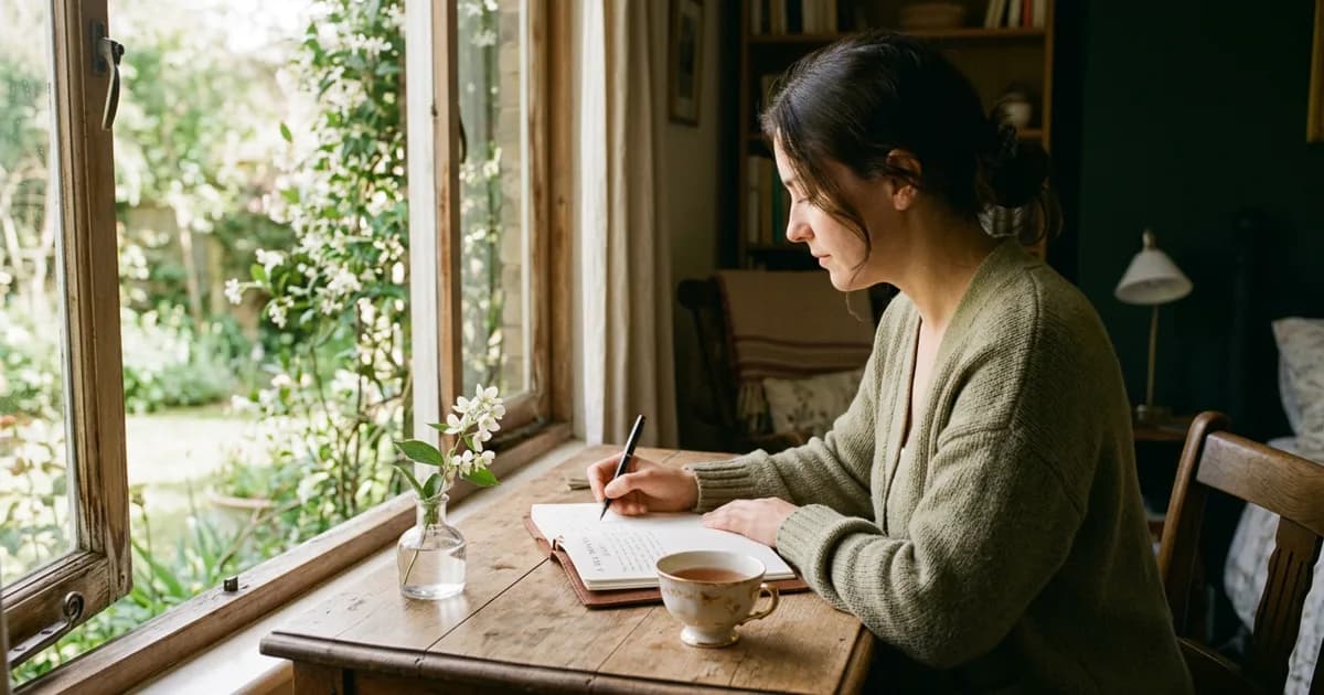 A woman writing at a desk in early morning light, a journal open, a candle lit. The moment of intentional preparation before a significant month begins.