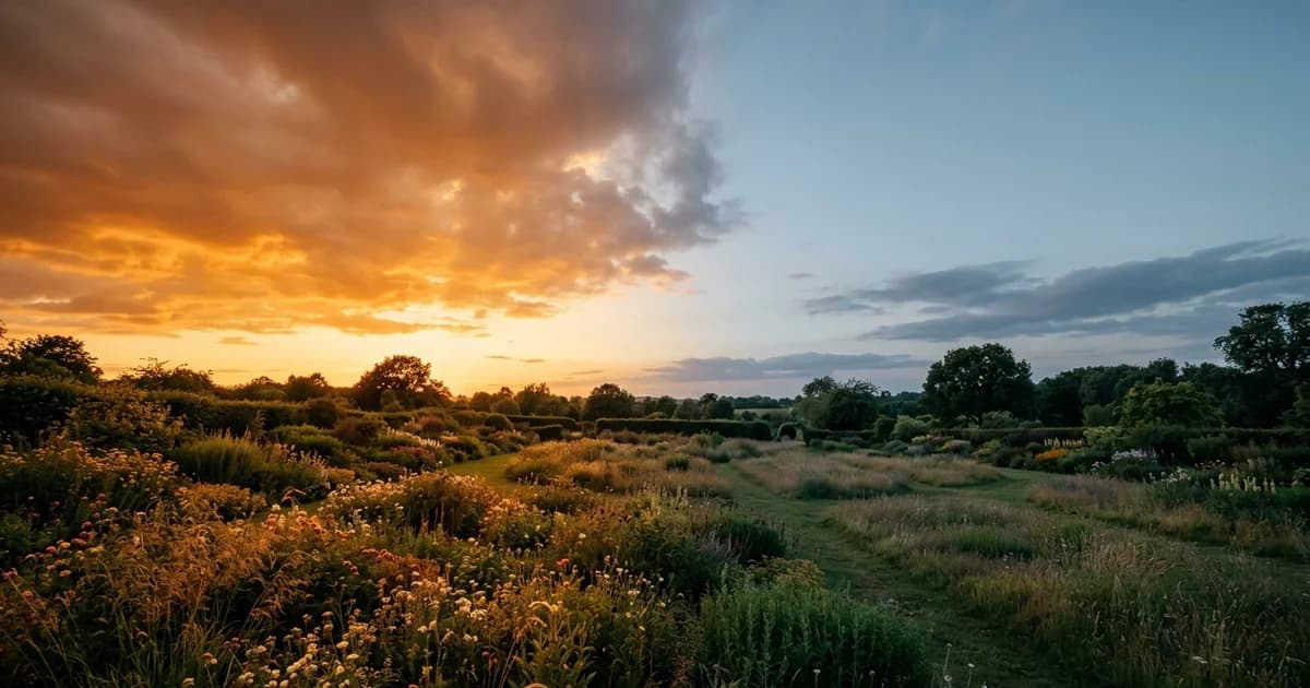 A wide cinematic landscape at the exact moment between sunset and dusk, the left half of the frame holding vivid warm fire tones and the right half settled into cool still blue-grey evening, a garden meadow at the horizon