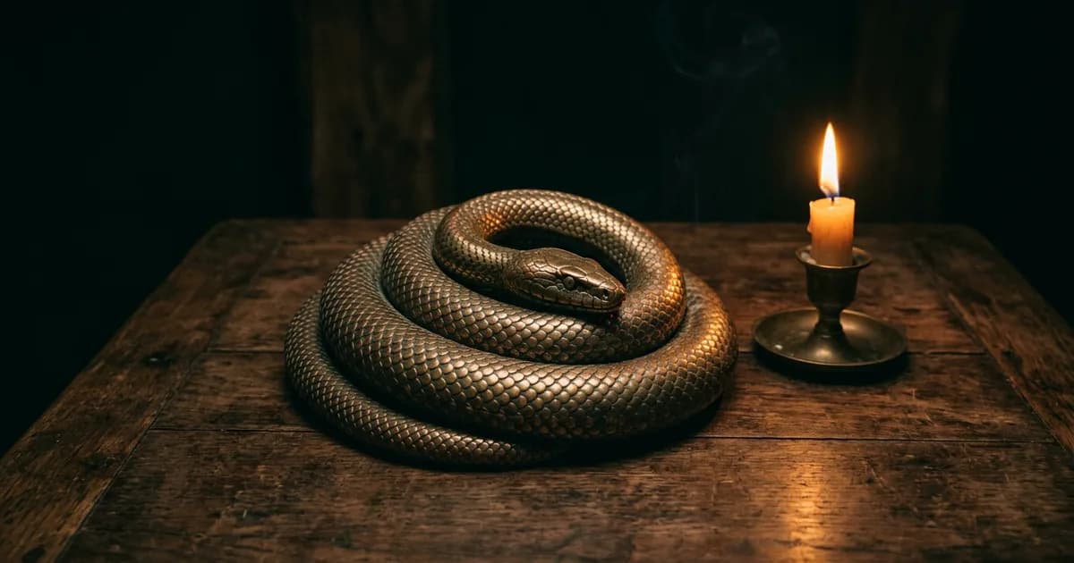 An antique brass snake coiled on dark walnut wood beside a single lit candle, its metal scales catching the warm light