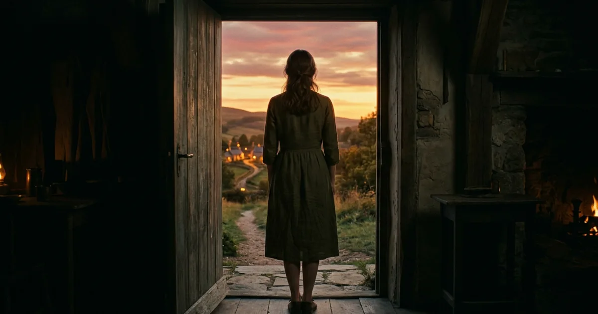 A woman in silhouette standing at a window at dusk, warm amber light behind her, a sense of anticipation and quiet resolve. The eve of a love-charged month.